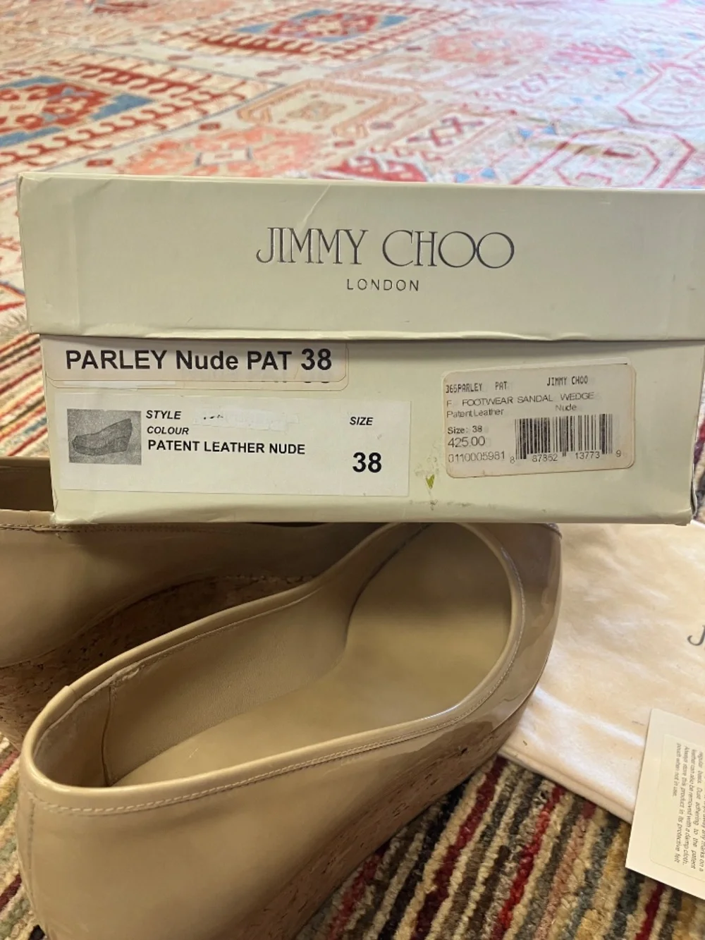 NEW Jimmy Choo USA 7 - Open Toe, Nude (Tan, Beige), Patent Leather, Cork Wedges